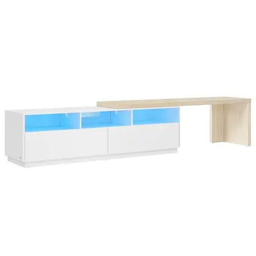 VASAGLE Kailyn TV-Lowboard, L-Form, 162-270 cm, 2 Schubladen, 3 offene Fächer, LED-Beleuchtung, wolkenweiß-naturbeige