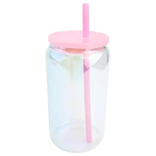 Falafoty Glasbecher mit Deckel und Strohhalm – Wiederverwendbares Trinkglas im Dosenformat für Saft, Limonade, Tee und Kaffee (Rosa)