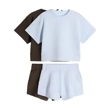 THE SET Mädchen Oberteil & Shorts aus Interlock-Jersey 2er-Pack Blau/Braun