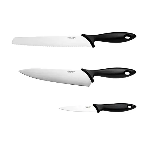 Fiskars 3-teiliges Messer-Set, Kochmesser, Brotmesser, Schälmesser, Edelstahl, Schwarz