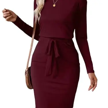 SweatyRocks Damen Strickkleid Elegant mit Gürtel und Taschen, Langarm, Rundhals, Bordeaux, Größe L