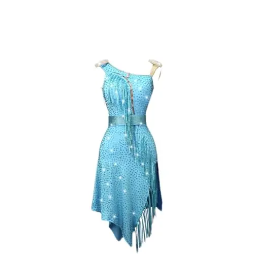 Lateinkleid für Tanz, rosa+himmelblau, ärmellos, Fransen, für Rumba, Jive, Chacha, Damen