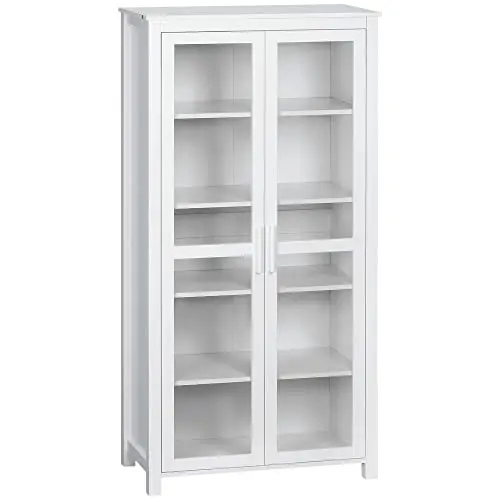 HOMCOM Küchenschrank Hochschrank mit 2 Glastüren und verstellbaren Böden, Weiß, 80 x 39,5 x 160 cm