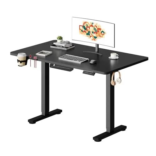 SANODESK Elektrischer höhenverstellbarer Schreibtisch 110×54 cm, max. 70 kg, mit Kabelmanagement, Ablagebox und Anti-Kollision, schwarz