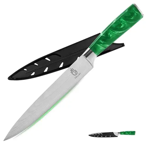 FULLHI 8 Zoll Japanisches Tranchiermesser aus Edelstahl mit Schutz - Grünes Harz