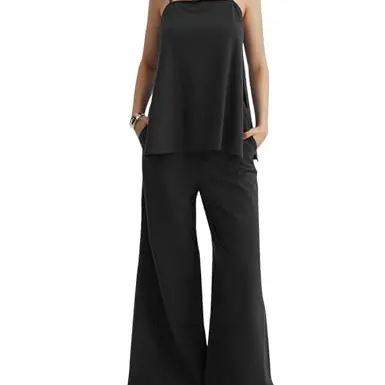 CHERFLY Damen 2-teiliges Sommer-Outfit: Ärmelloser Jumpsuit mit verstellbaren Trägern und weitem Bein (Schwarz, S)