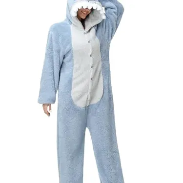 Einteiliger Schlafanzug Damen Lang Winter Jumpsuit Fleece Onesie mit Kapuze (Hai, XL)