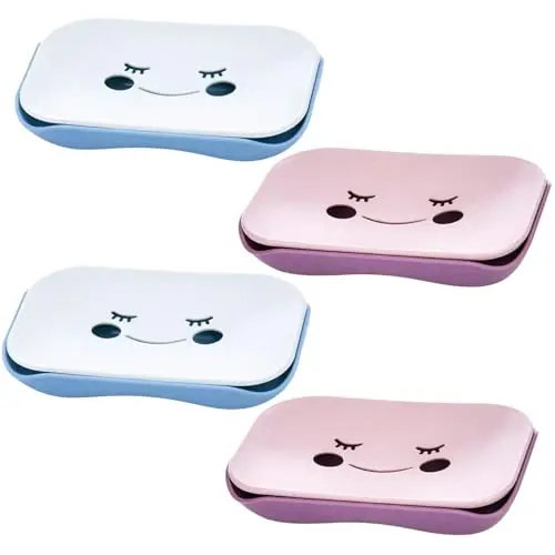 4er Set Seifenschalen mit Ablauf – Smiley-Design, für Bad & Küche, Blau & Rosa, jeweils 6x4 Zoll
