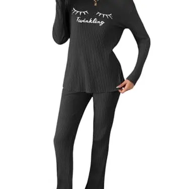 Fisoew Damen Schlafanzug Set - Lang Pyjama Zweiteiler für Winter (Schwarz, M)
