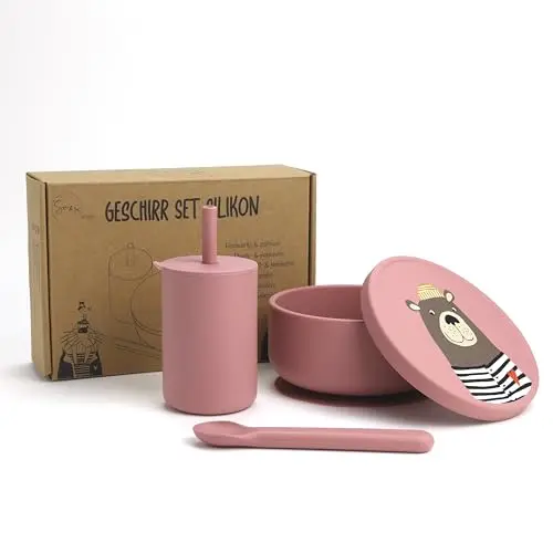 So&So Silikon Geschirr Set für Babys, rutschfest, mit Saugnapf, Deckel, Becher und Löffel – für Babys & Kleinkinder (Pink)