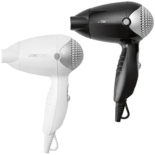 Clatronic Reisehaartrockner 1200W, kompakt, 2 Stufen, abnehmbarer 360° Düse, Aufhängeöse, schwarz/weiß