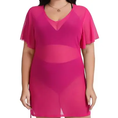 Oversize Sommerkleid Damen, Leichtes Strandkleid, Strandponcho, Badebekleidung, Hot Pink, XL