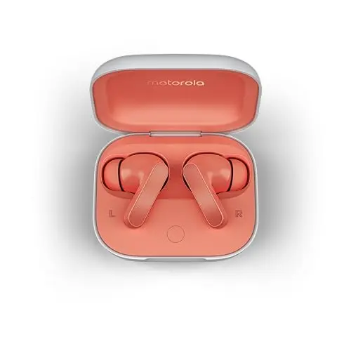 Motorola Moto Buds Bluetooth Earbuds - Hi-Res Sound, Dolby Atmos, aktive Geräuschunterdrückung, kabelloses Laden, bis zu 42 Stunden Akku, Coral Peach