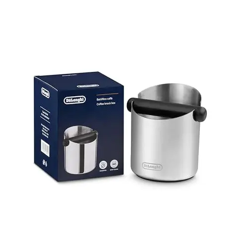 De'Longhi Abklopfbehälter für Siebträger DLSC084, Edelstahl, rutschfeste Gummibasis, abnehmbare Schlagleiste