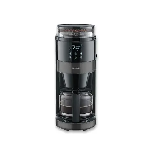 Severin Filter-Kaffeemaschine mit Glaskanne, Mahlwerk und 1,25L Füllmenge – bis zu 10 Tassen, Tropf-Stopp, Aroma, automatischer Abschaltung, LED-Display, 900W, dark inox/schwarz