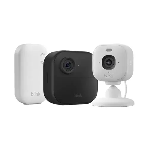 Blink Outdoor Kamera 4 + Blink Mini 2K+ Weiß | Kabellose HD-Sicherheitskamera mit 2 Jahren Batterielaufzeit