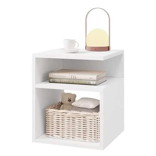 EUGAD Nachttisch Weiß, Beistelltisch mit 2 offenen Fächern, 35x41,5x35 cm, Platzsparend für Schlafzimmer & Wohnzimmer