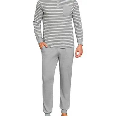 Leversic Herren Pyjamaset Langarm aus Baumwolle mit Farbblockdesign und Tasche, hellgrau, Größe M