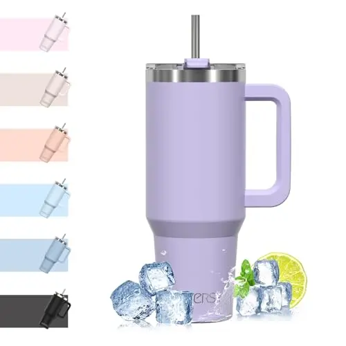 WATERSY 40oz Thermobecher to Go - Auslaufsicherer Edelstahl-Trinkbecher mit Griff und Strohhalm in Lila