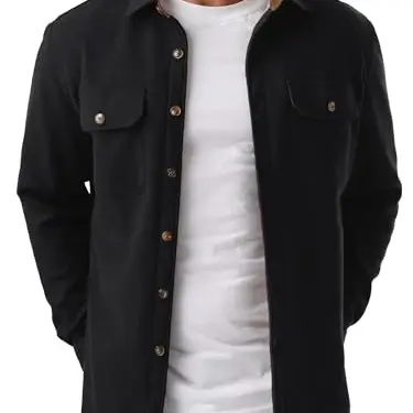 QIXING Herren Fleece Cordhemd Langarm Regular Fit Herbst Winter Jacke mit Klappentaschen (Schwarz, XL)