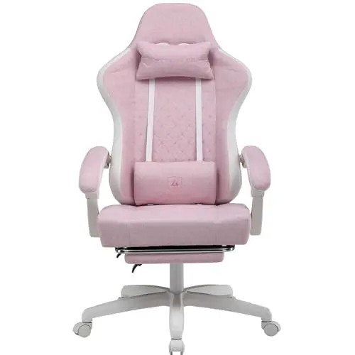 LUCKRACER Gaming Stuhl mit Fußstütze, ergonomisch, drehbar, 90-135° Rückenlehne, Weiß-Rosa