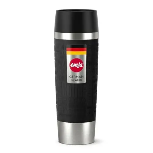 EMSA Travel Mug Grande Thermobecher 0,5L, Doppeltwandig, Vakuumisoliert, 6h warm/12h kalt, 360°-Trinken, Soft-Touch Silikon, Edelstahl, Schwarz