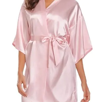 Wikoan Kimono Damen Morgenmantel Kurzer Satín Bademantel mit Gürtel, V-Ausschnitt, A-Rosa, L