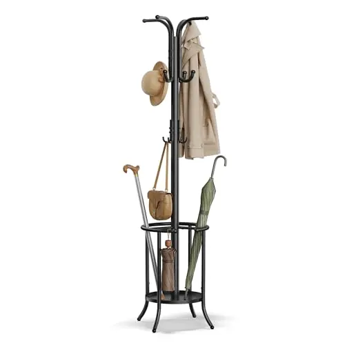 SONGMICS Kleiderständer mit Regenschirmständer und 12 Haken, freistehend, 175,5 cm hoch, tintenschwarz