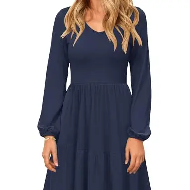 AUSELILY Damen Midikleid mit langen Ärmeln, V-Ausschnitt, Tasche, dünn, Blau Navy, Größe S