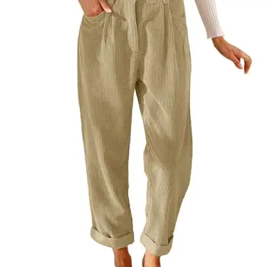 Damen Cordhose Casual High Waist Tapered Einfarbig mit Taschen (Khaki, M)