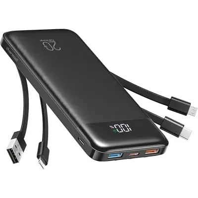 Charmast Power Bank 20000mAh mit 4 Kabeln und LED-Display, 22,5W, Kompatibel mit iPhone und Samsung