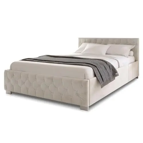 Juskys Polsterbett Nizza 140x200 cm Beige mit Stauraum und LED Beleuchtung