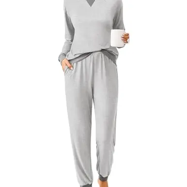 Ekouaer Damen Schlafanzug Set mit Langarm und Tasche, Winterpyjama, Hellgrau, Größe M