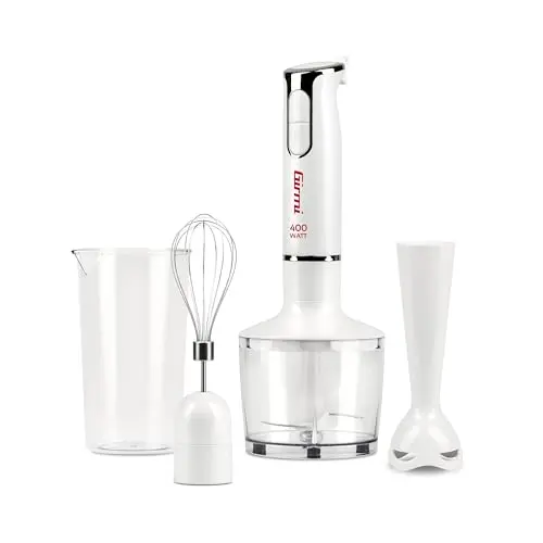 Girmi MX17 3-in-1 Stabmixer Set, 400 W, 2 Geschwindigkeiten, Edelstahlklingen, inkl. 700-ml-Messbecher, Weiß