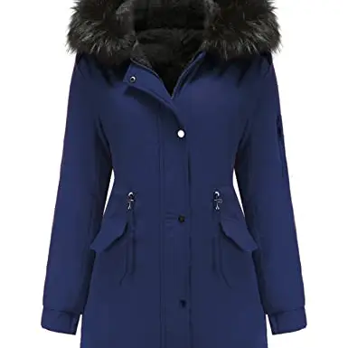 Vancavoo Damen Winterparka mit Kunstfellkragen, Kapuze und Tasche, Dunkelblau, Größe L