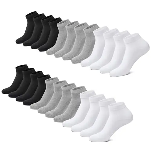 FALARY Sneaker Socken Herren & Damen, 12 Paar, Kurzsocken aus Baumwolle, Schwarz, Weiß & Grau