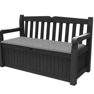 Keter Sitzbank Eden für Balkon & Garten, wetterfest, pflegeleicht, grau, 140x60x84cm, Holzoptik, mit Kissenbox