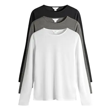 THE SET Damen langärmlige transparente Shirts, 3er-Pack Schwarz/Grau/Weiß