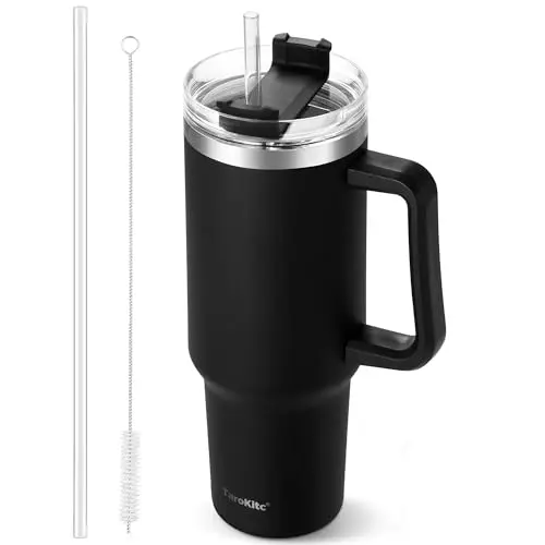 TaroKitc 1.18 l Thermobecher mit Griff und Strohhalm, Edelstahl-Vakuum-Isolierflasche für Heiß- und Kaltgetränke
