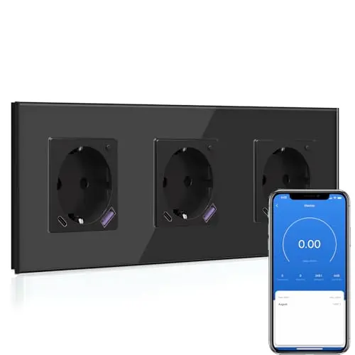 BSEED WLAN-Schuko-Steckdose mit USB-C 20W Schnellladegerät, Smart Unterputz Steckdose mit Strommessung, kompatibel mit Alexa/Google, 3-fach Schwarz