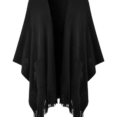 Ferand Damen Poncho mit offener Vorderseite und Taschen, weiches Strickcape mit Fransen für Herbst und Winter, Schwarz