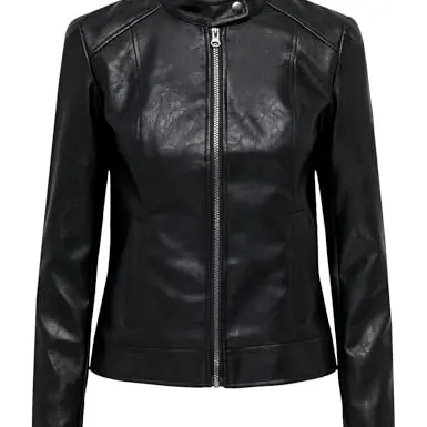 JdY Damen Kunstlederjacke mit Reißverschluss und Steppdetails, Schwarz, Größe 36