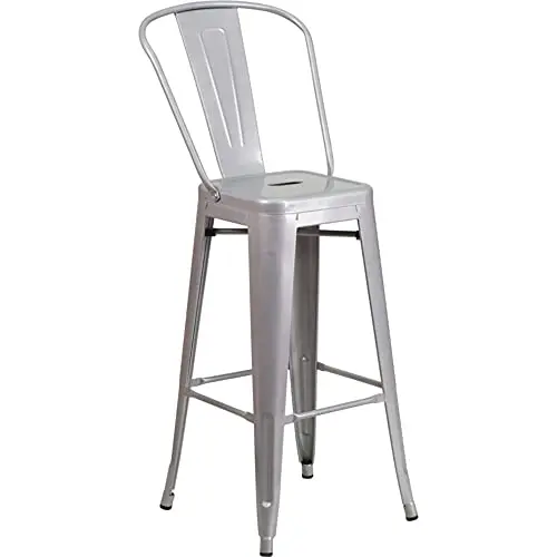Flash Furniture Barhocker mit Rückenlehne – Metall-Barstuhl für drinnen und draußen – 4er Set – Silber