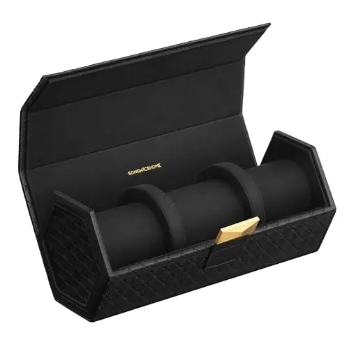 SONGMICS Uhrenbox für 3 Uhren, hexagonale Form, PU im Flechtlook, schwarz, 9,8 x 21,2 x 8,7 cm