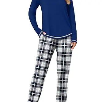 Ekouaer Damen Schlafanzug Set, kuscheliger karierter Pyjama in Marineblau/Rosa, zweiteilig