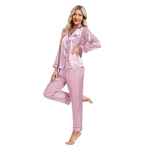 Damen Schlafanzug Set aus Satin, Langarm, V-Ausschnitt, Zweiteiler, Rosa, bequem für Nacht und Loungewear