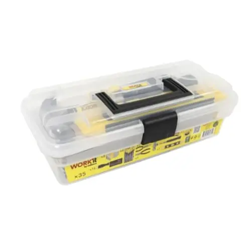 HOME It® Werkzeugkasten 34-teilig mit Hammer, Zangen, Schraubendrehern & Bits – kompakte Toolbox aus transparentem Kunststoff