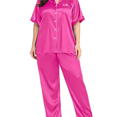 SWOMOG Satin Pyjama Damen Übergröße Kurz und Lang Zweiteiliger Seidenpyjama Nachtwäsche