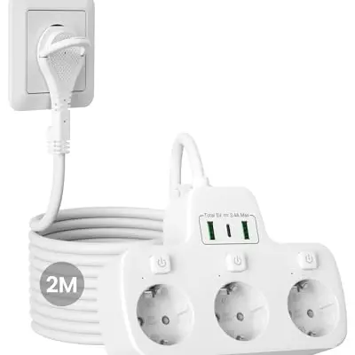 Flachstecker Steckdosenleiste 3-Fach Schaltbar mit 2M Kabel, Wandmontage, Weiß