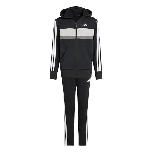 adidas Unisex Kinder Fleece Trainingsanzug Tiberio 3 Streifen, Schwarz/Weiß/Grau, 13-14 Jahre